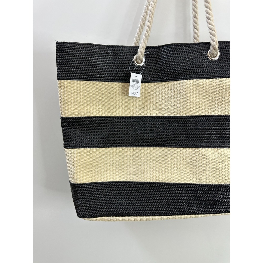 NEW Chico's Black Neutral Striped Woven Straw Beach Tote Bag Rope Handles Resort - Picture 3 of 11